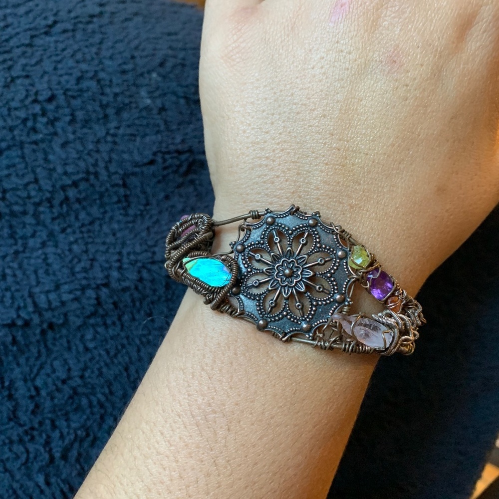 Vintage Artisan Copper Natural Gemstone Beaded Cuff Bracelet One Size